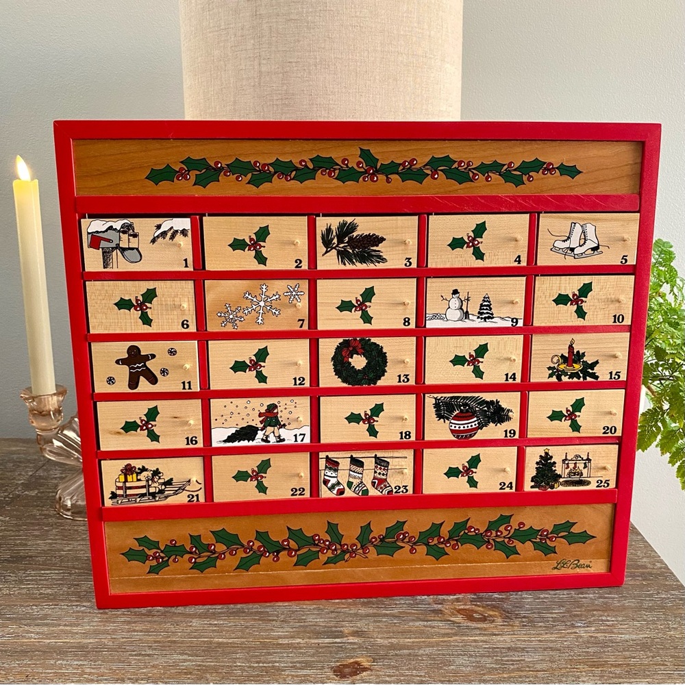 RARE Vtg L.L. Bean Christmas Advent Calendar Wooden Original Made in USA‎ Red